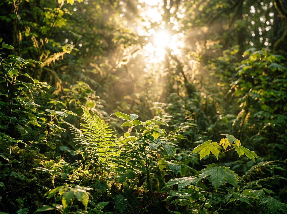 Sunlight through a green forest, symbolizing sustainable carbon sequestration
